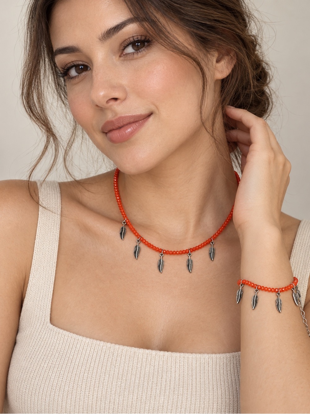 Handmade Orange Beaded Feather Charm Necklace & Bracelet Set